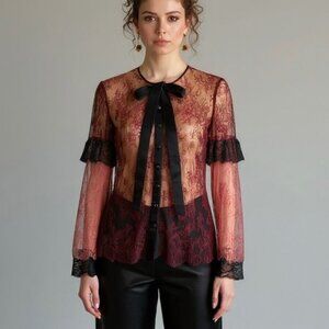 Twinset Milano Floral Lace Sheer Top Sz M Burgundy Ruffle Bow Coquette Feminine